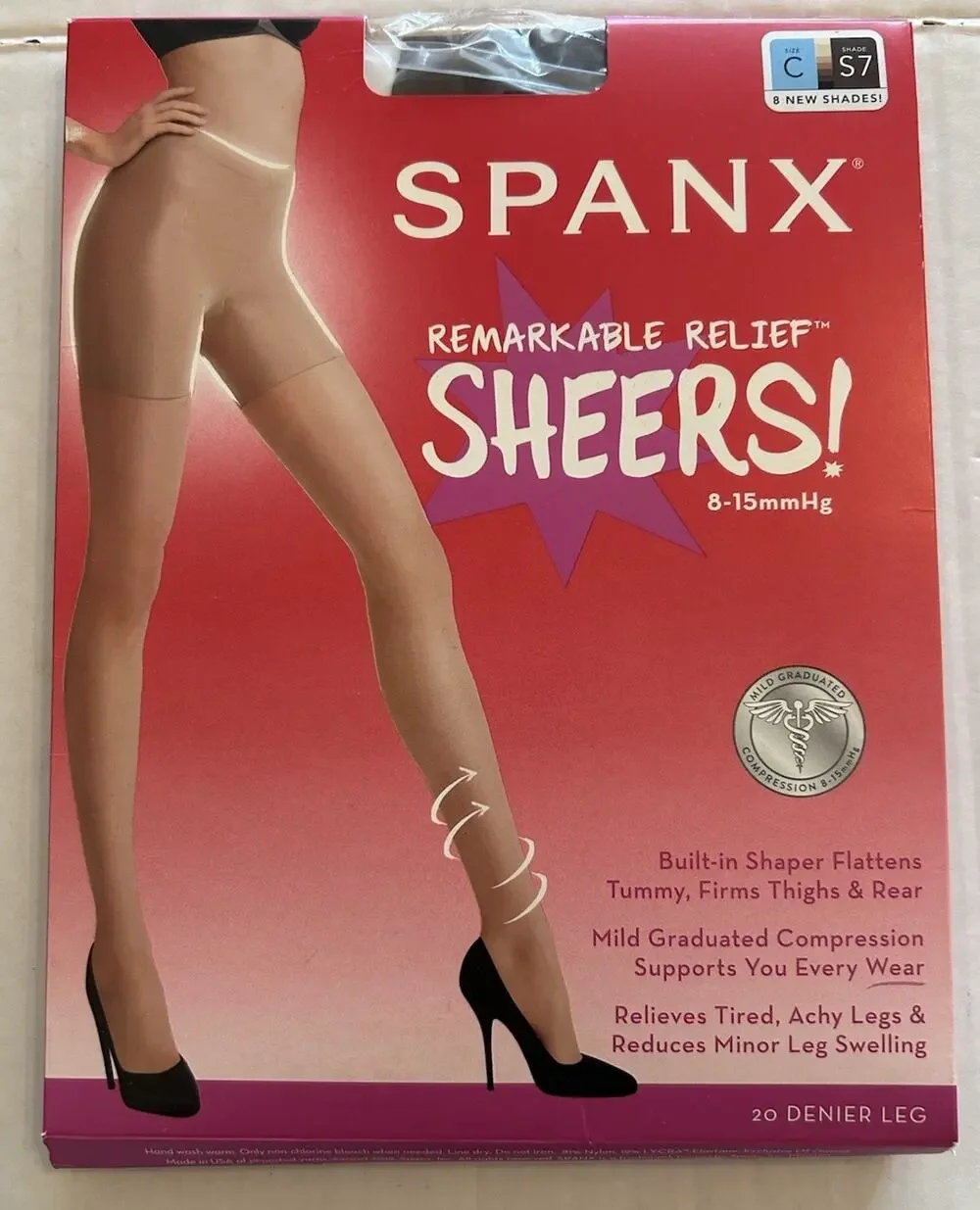 NEW‎ Spanx Remarkable Relief Compression Sheers 20 Denier Black/brown S7 Sz C